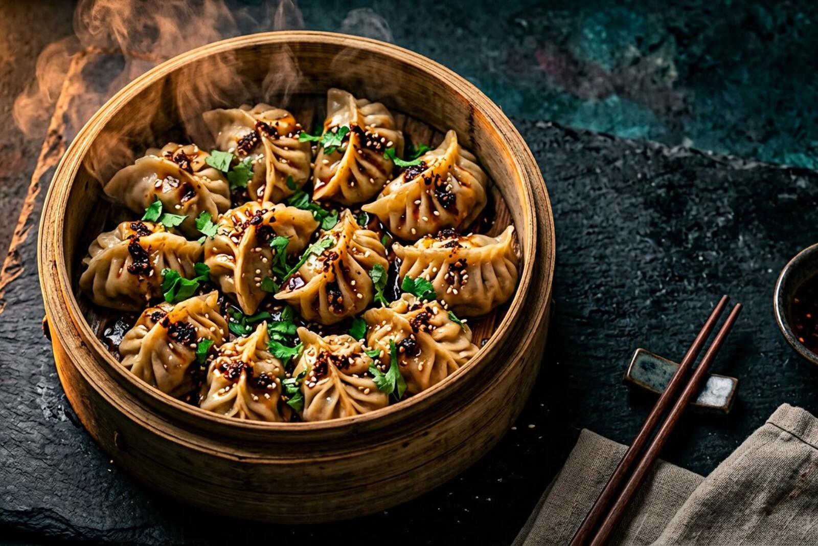 Handcrafted momos steaming in a bamboo basket at MOMO MONK, Kerala
