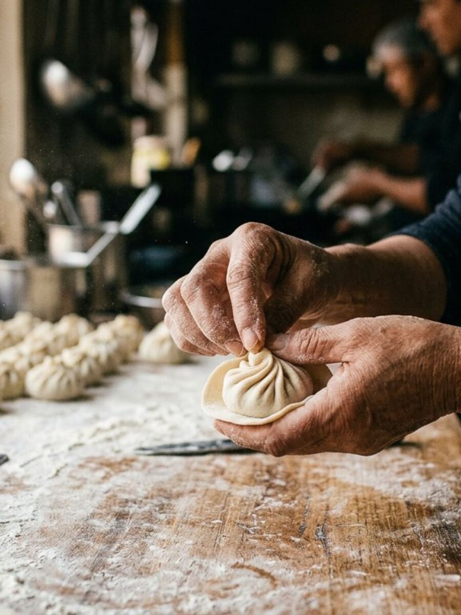 A chef folding momo dumplings by hand in the MOMO MONK kitchen, Kerala
